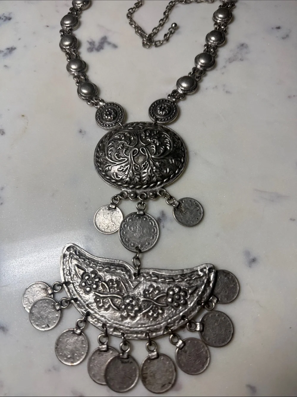 Antique-Style Silver Floral Coin Pendant Necklace - Women Jewelry